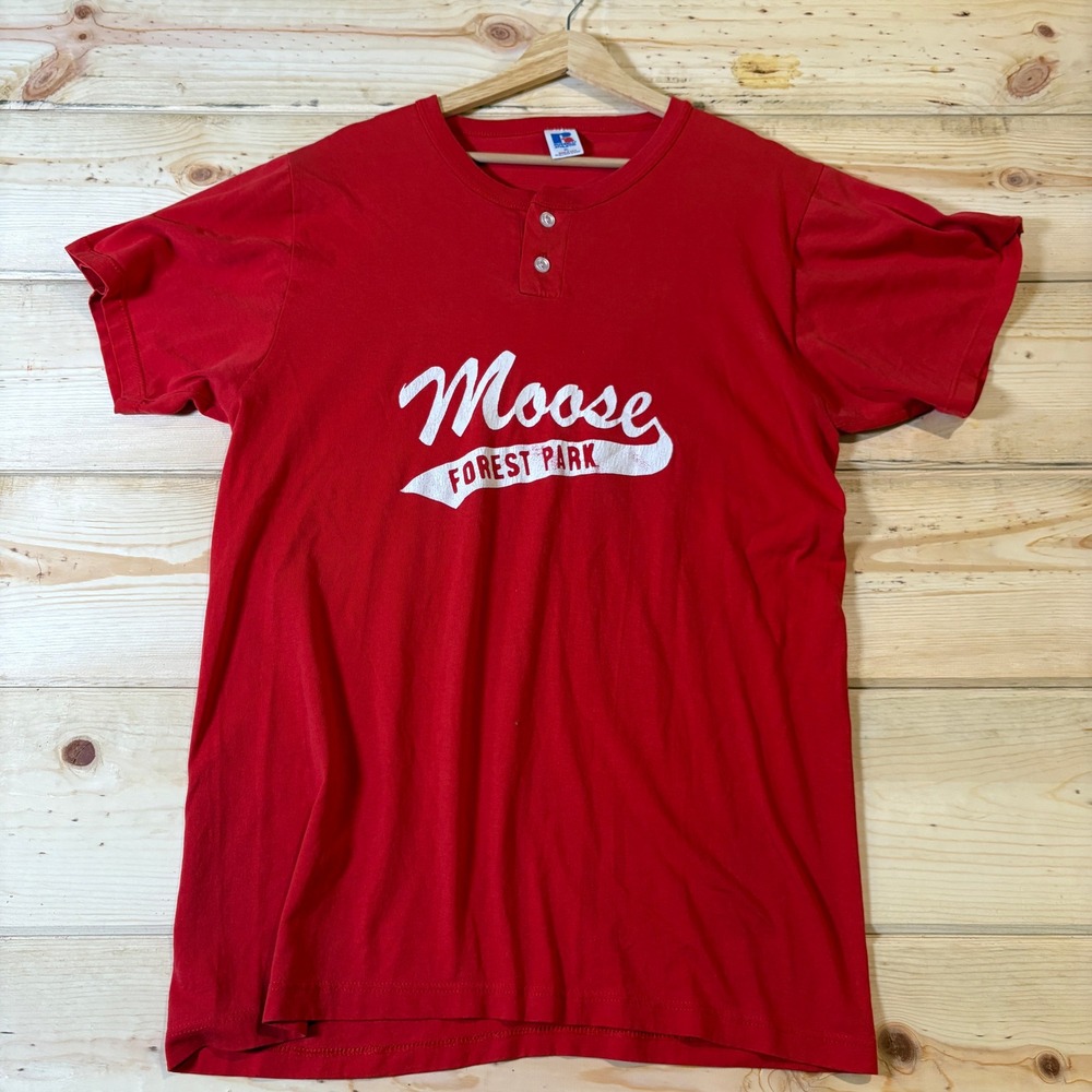Vintage Russell Athletic Moose Forest‎ Park Red Henley T-Shirt XL Number 16